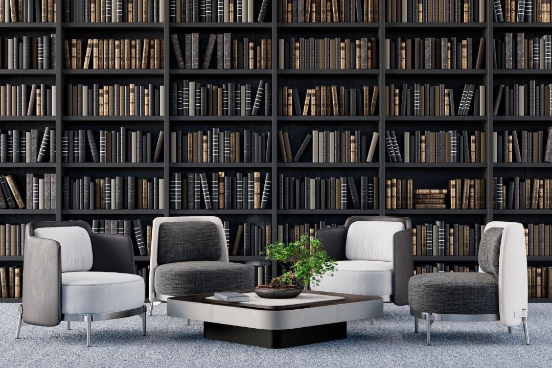 Living room interior design with library 3D Render 3D illustration