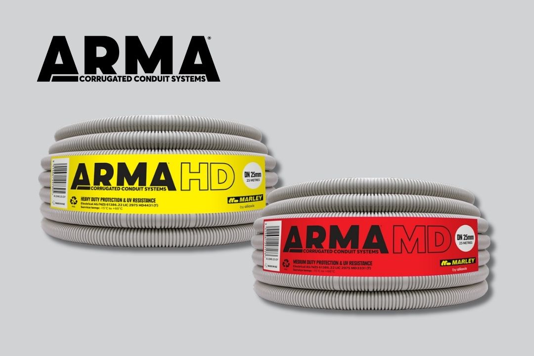 Corrugated conduit systems in grey and orange a grey background with ARMA logo