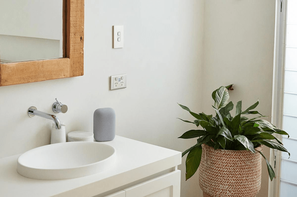 bathroom wall with outlet and plant