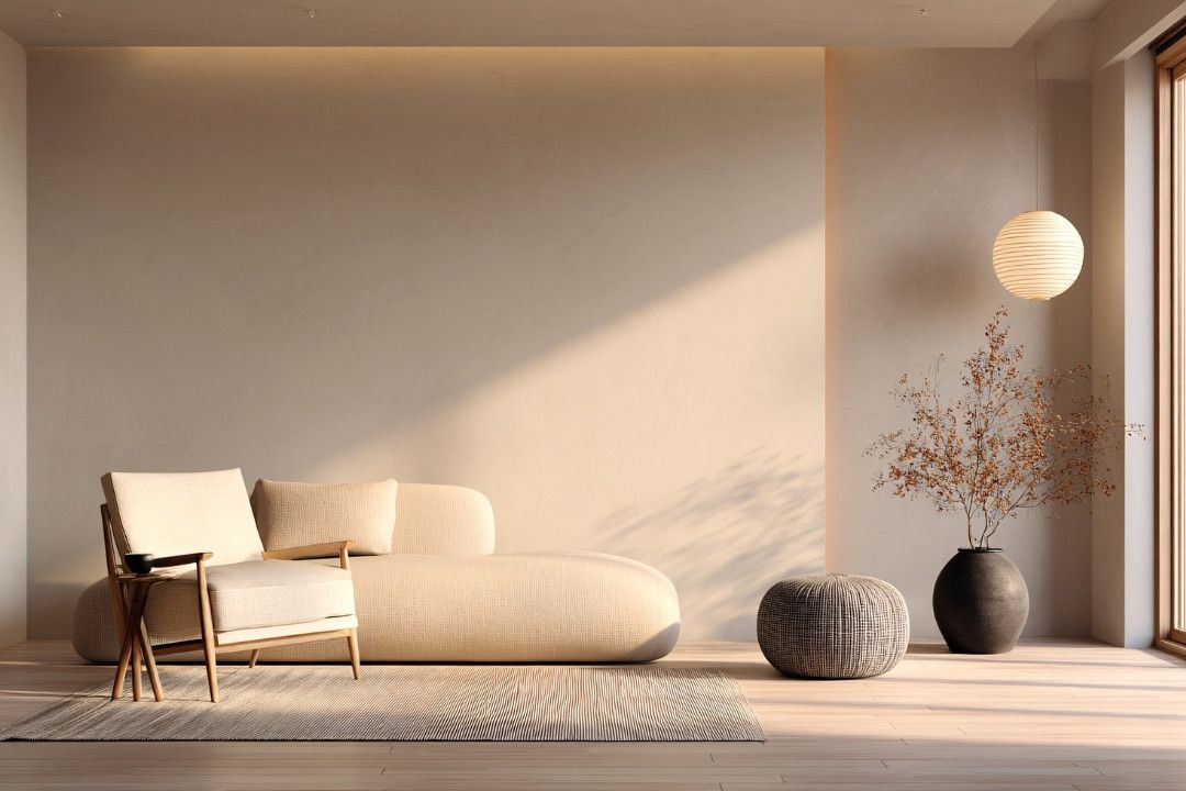 Modern interior with a picture and a daybed, a console with books, a dark wooden wall and marble floor. Front view. 3d illustration